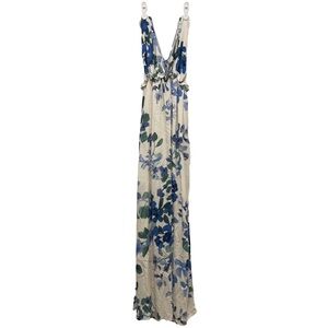 Lovestitch Blue Cream Floral Print Halter Low Plunging Maxi Dress Boho Size M